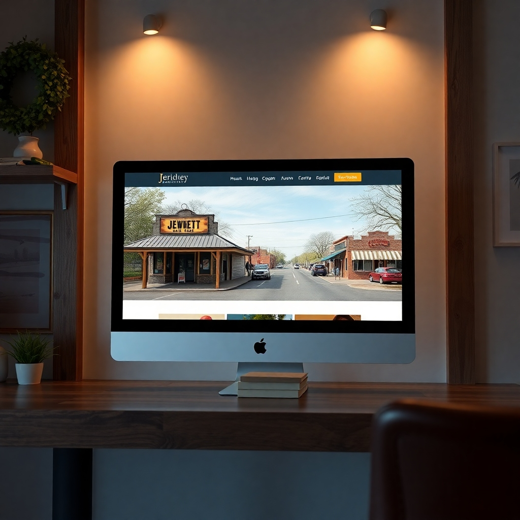 A photorealistic image of a clean, modern website design on a high-resolution screen, showcasing a business in Jewett, Texas. The website should feature high-quality images of the town and its businesses, with clear calls to action. The overall style should be professional and inviting, emphasizing a balance of aesthetics and functionality.