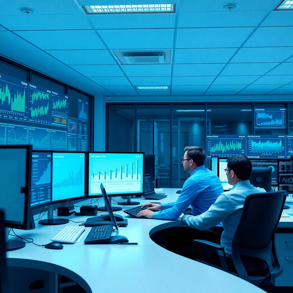 A photorealistic image of a clean, modern office space featuring multiple high-tech workstations with large monitors displaying financial charts and data.  Tax professionals are seen working efficiently with digital tools and software, highlighting the integration of advanced technology in the tax preparation process.  The image should reflect efficiency, accuracy, and technological advancement.