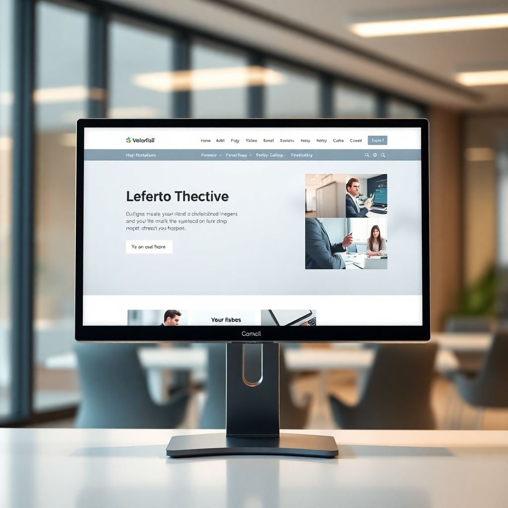 A photorealistic image of a clean, modern website design on a high-resolution screen, showcasing a visually appealing layout, intuitive navigation, and high-quality images. The background should be a blurred, modern office space. The website should feature a subtle, professional color scheme, and the overall aesthetic should exude professionalism and trustworthiness.