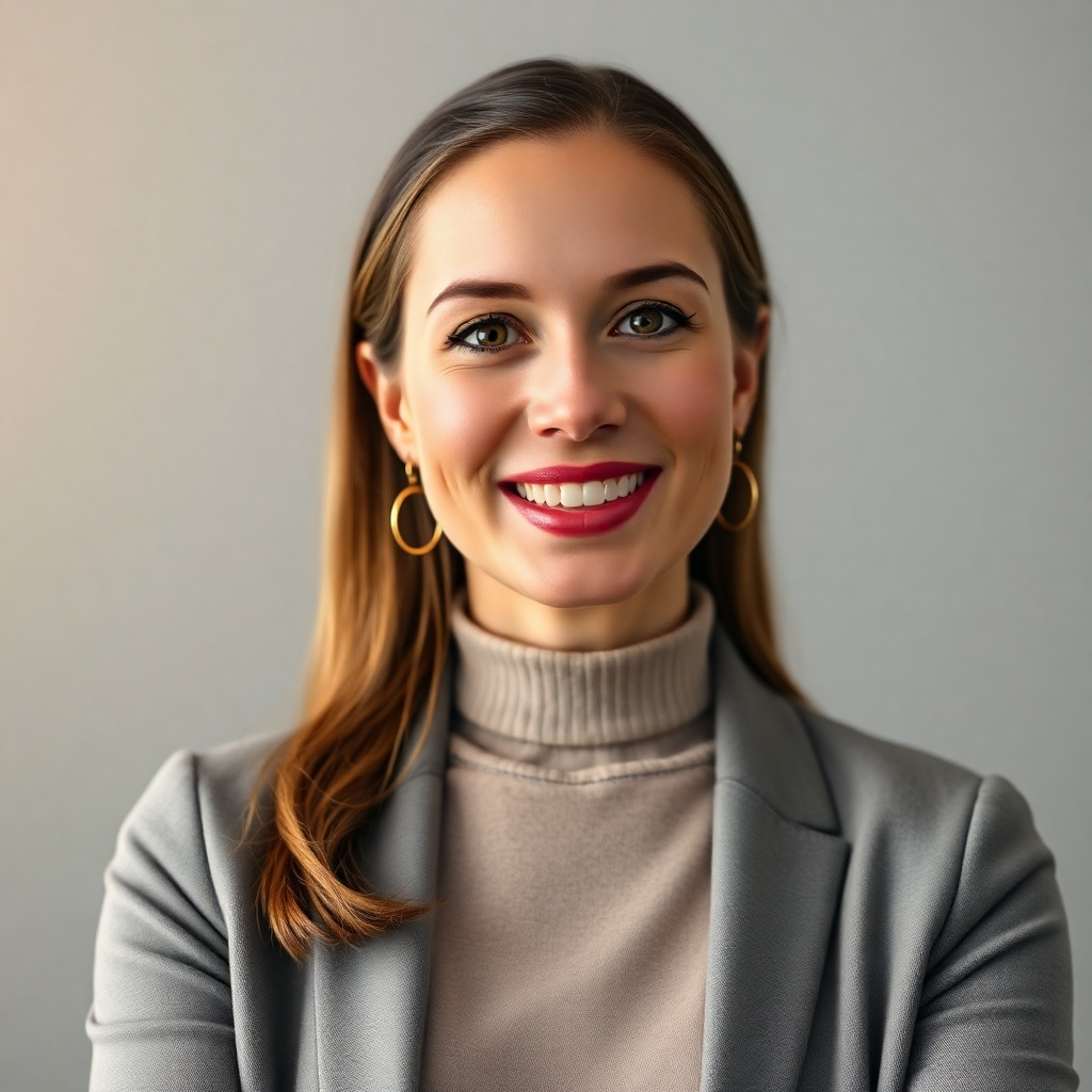 A photorealistic image of a confident, friendly spokesperson speaking directly to the camera against a soft, professional backdrop. The lighting should be even and flattering, with a shallow depth of field to focus on the spokesperson. The overall mood should be inviting and trustworthy, showcasing a genuine and engaging communication style.