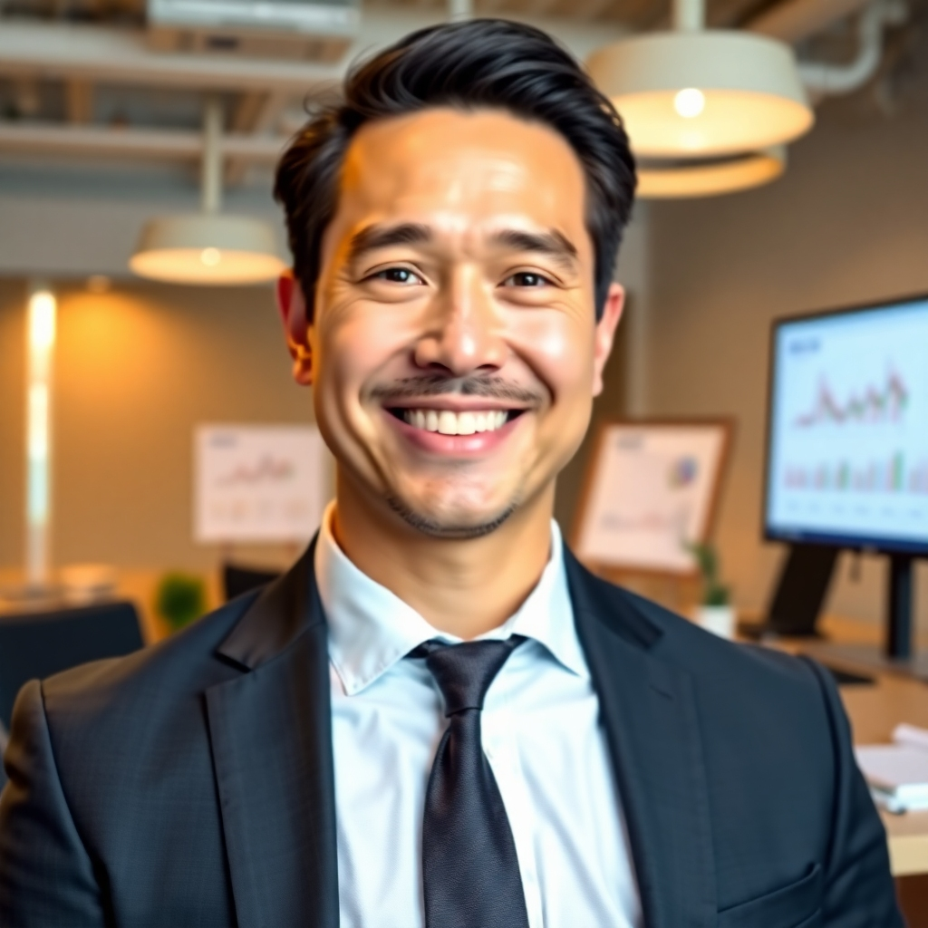 A photorealistic image of a confident, friendly tax professional in a modern, well-lit office, wearing a suit, smiling warmly at the camera, with various tax-related documents and a computer screen displaying financial charts subtly visible in the background.  The office should have a clean and professional atmosphere, suggesting trustworthiness and expertise. The overall lighting should be warm and inviting.