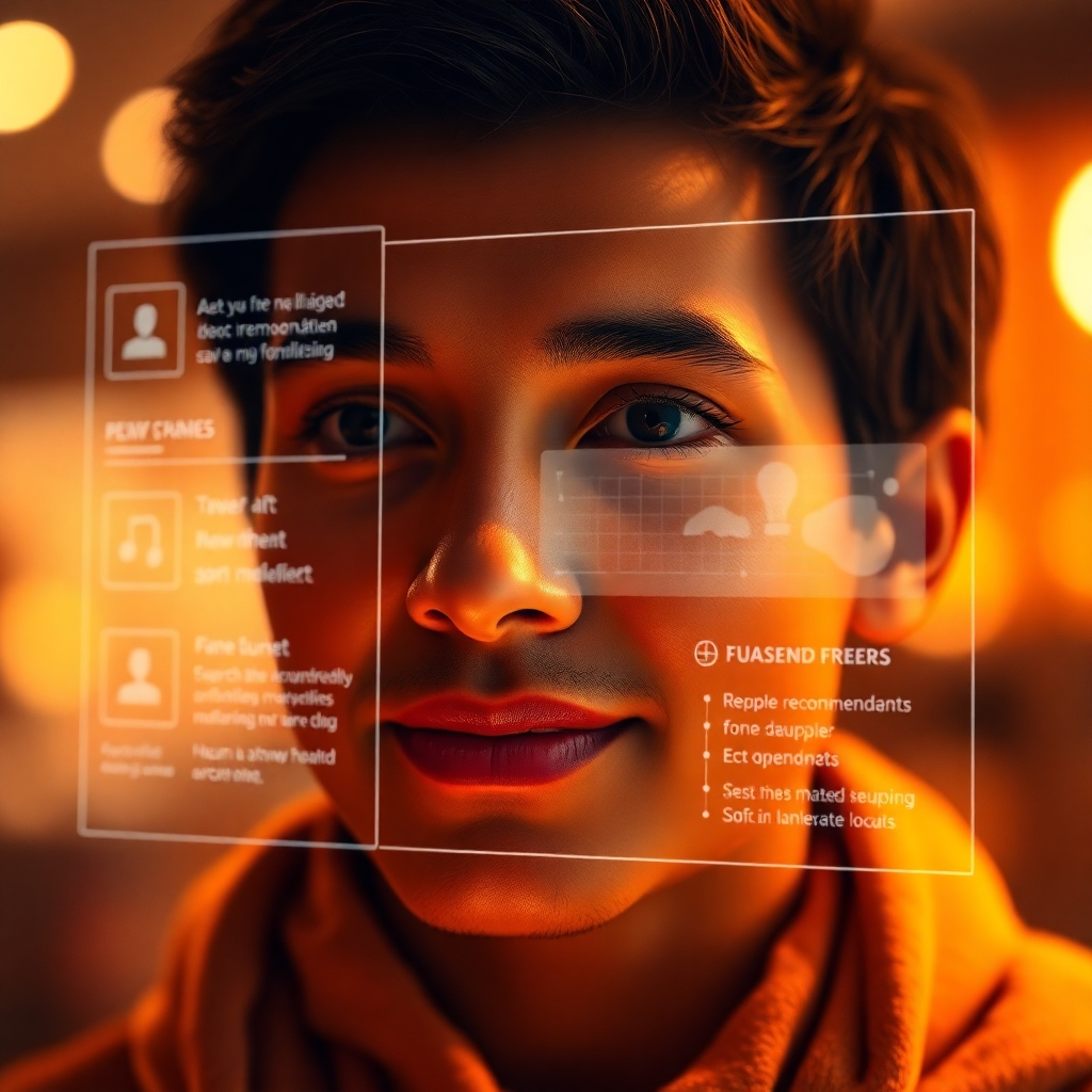 A photorealistic image of a customer's face being illuminated by a soft, warm light emanating from a holographic display. The display shows personalized recommendations and tailored information relevant to the customer's needs. The color palette is warm and inviting, with oranges, yellows, and browns. Style Reference: Human-centric technology. Technical Specs: 4K, photorealistic.