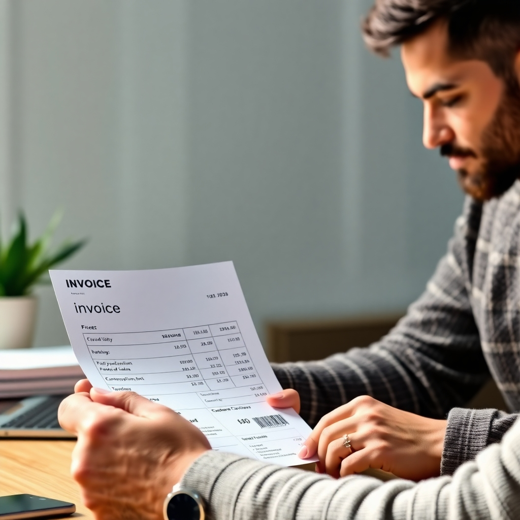 A photorealistic image of a customer reviewing a clear, detailed invoice demonstrating affordable and competitive pricing. The image should focus on transparency and value for money.  The color scheme should evoke trust and fairness, and the lighting should be clear and bright.