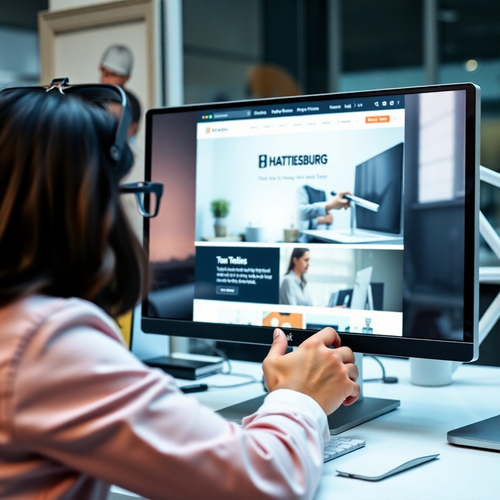 A photorealistic image of a designer working on a custom website design on a computer screen, reflecting Hattiesburg elements in the website's design. The background can be subtly blurred. The style is professional and realistic.