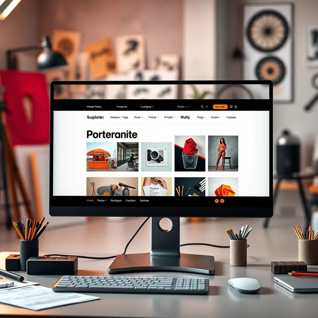 A photorealistic image of a desktop monitor displaying a modern portfolio website with a striking design. The website features high-quality images of artwork, photography, or design projects. The background is a blurred image of a studio with artistic props and a vibrant color palette. The monitor is placed on a sleek desk with a curated selection of design tools and materials. The image is bold and creative, emphasizing visual impact and professionalism. Render with realistic shadows and reflections, showcasing a high-quality, immersive visual experience.