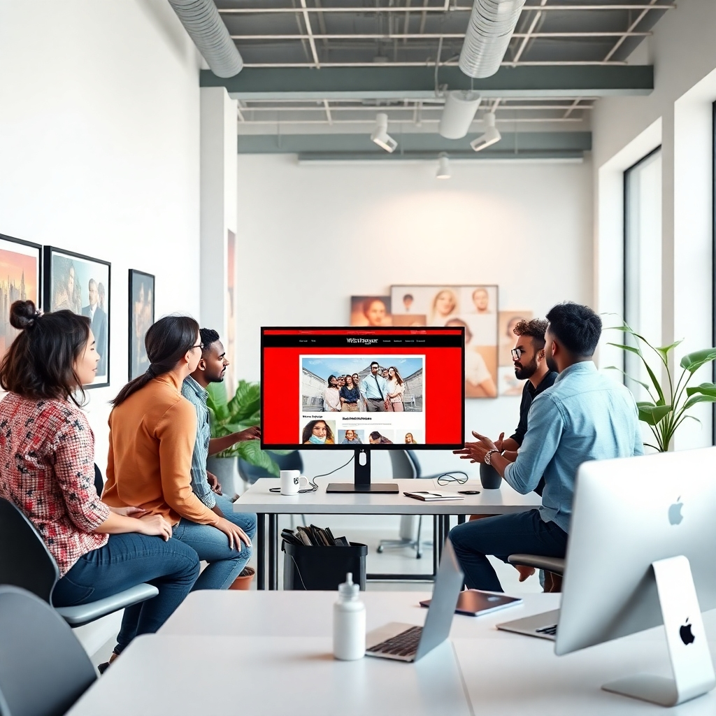 A photorealistic image of a diverse team of web designers in a modern Hattiesburg, MS office, collaborating on a large monitor displaying a website mockup.  The office should be bright, clean and modern, showcasing local artwork on the walls.  The team should be engaged and diverse in age and ethnicity.  The website mockup on the screen should be sleek and modern.