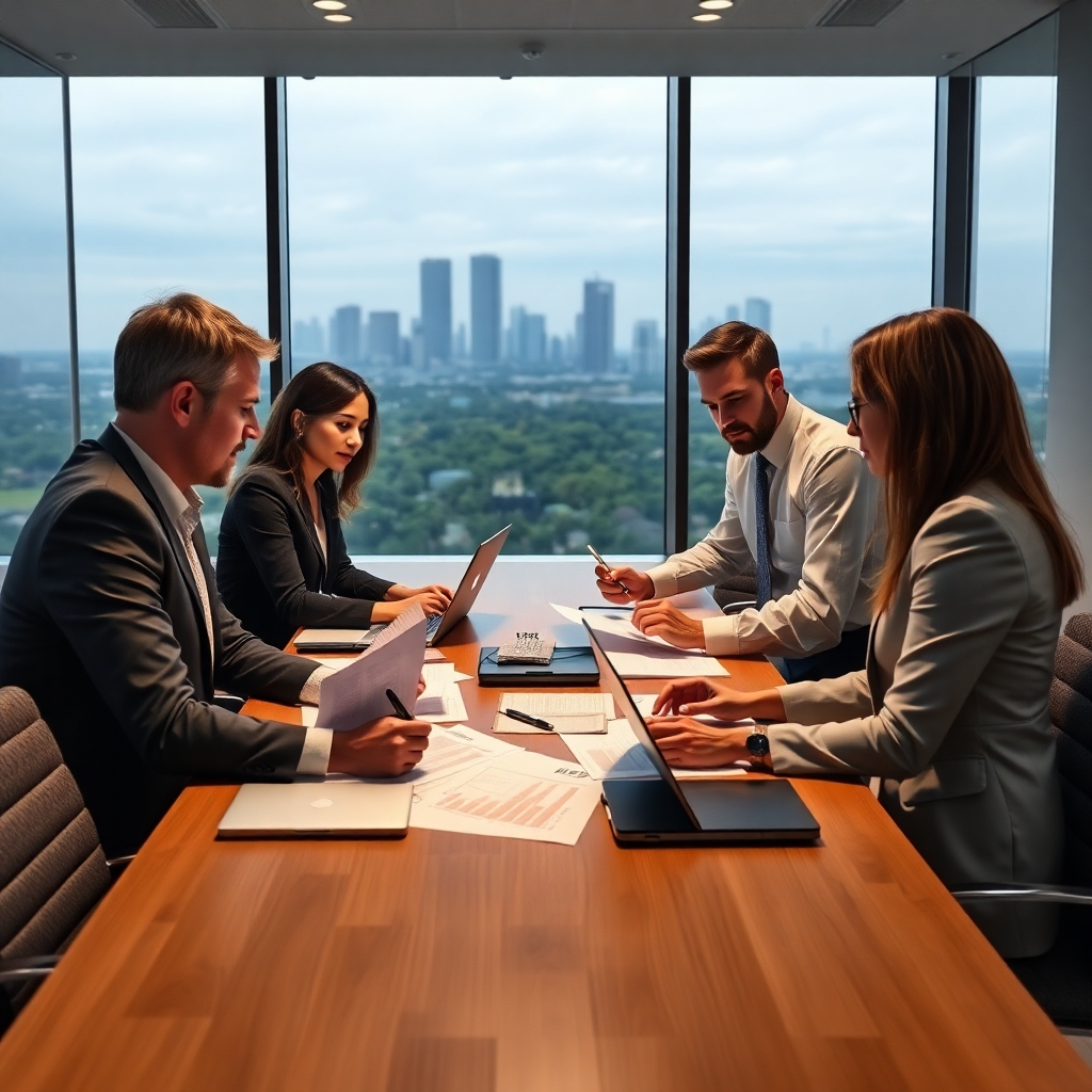 A photorealistic image of a diverse team of professional tax accountants collaborating around a large table, reviewing financial documents and using laptops, in a modern, well-lit office. The Woodlands, TX skyline is subtly visible through a large window in the background. The image should evoke feelings of trust, competence, and collaboration.
