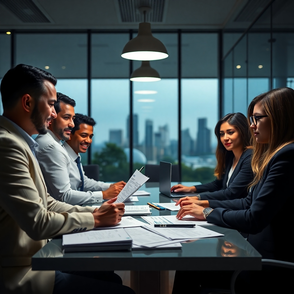 A photorealistic image of a diverse team of professional accountants in a modern, well-lit office in The Woodlands, TX, collaborating on tax documents.  They should appear focused and confident, with laptops, tax forms, and financial charts visible. The background should subtly show the Woodlands skyline.