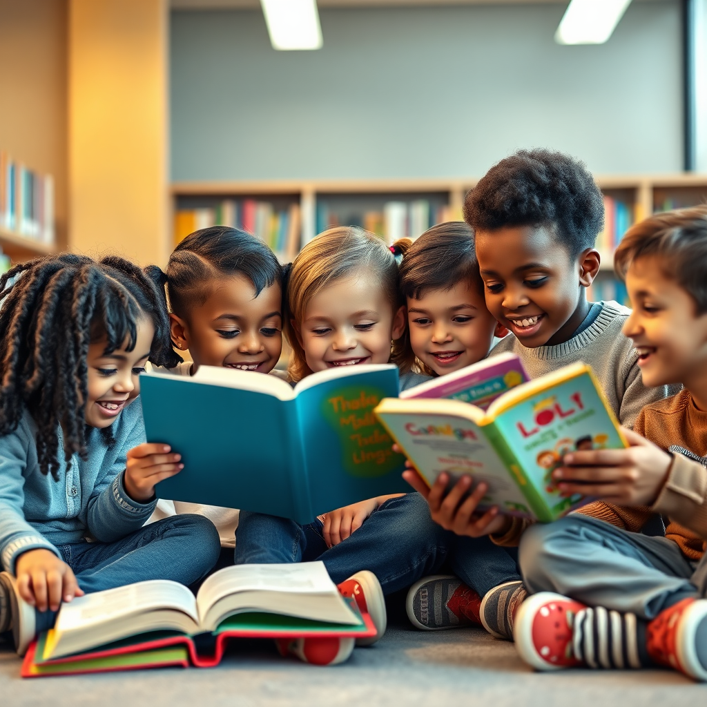 A photorealistic image of a diverse group of children reading books together in a library setting. The children are of various ethnicities and backgrounds. The scene is well-lit and welcoming. Capture the joy and connection between the children as they share stories. 4k resolution.