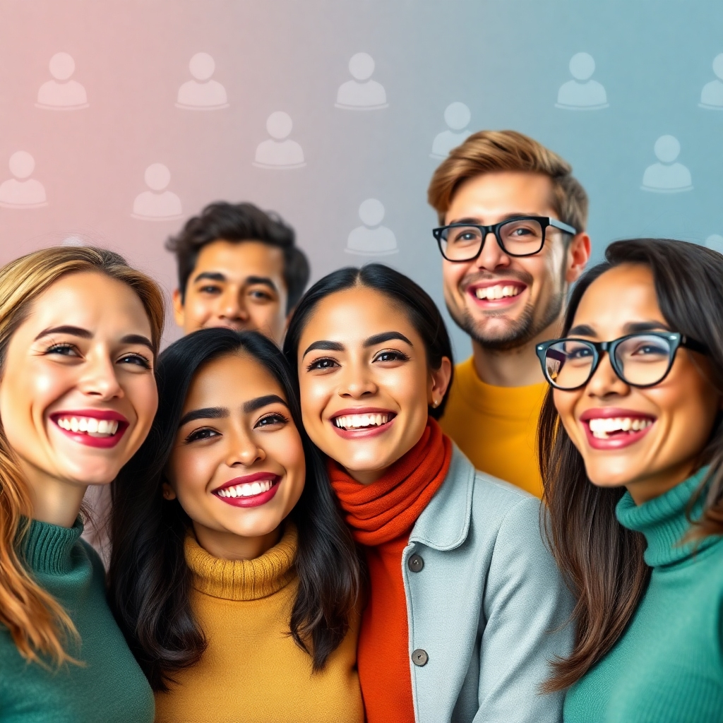 A photorealistic image of a diverse group of customers smiling and giving positive feedback. The background includes AI voice agent icons. Use a color palette of vibrant, positive colors to convey happiness and satisfaction. Technical specs: 4K resolution, group portrait style.