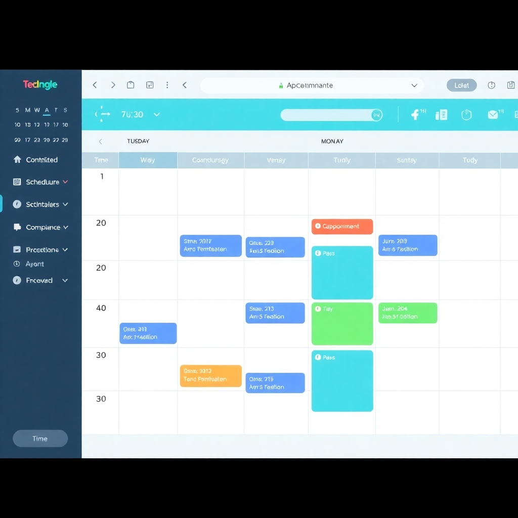 A photorealistic image of a digital calendar with AI agents automatically scheduling appointments based on availability and preferences. The calendar is clean and well-organized, with color-coded entries representing different types of appointments. The color palette is professional and efficient, with blues, greens, and greys. Style Reference: Productivity tools, time management. Technical Specs: 4K, photorealistic.