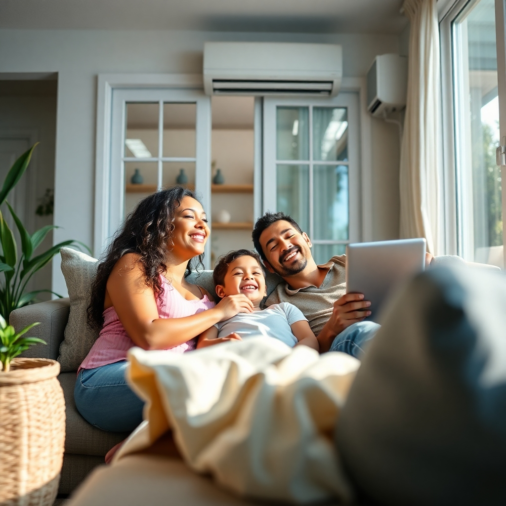 A photorealistic image of a family relaxing comfortably indoors on a hot summer day, thanks to a high-efficiency air conditioning system. The camera angle should capture the family's happiness and comfort. The color palette should be cool and refreshing, using mostly blue and green hues. The lighting should be soft and natural.