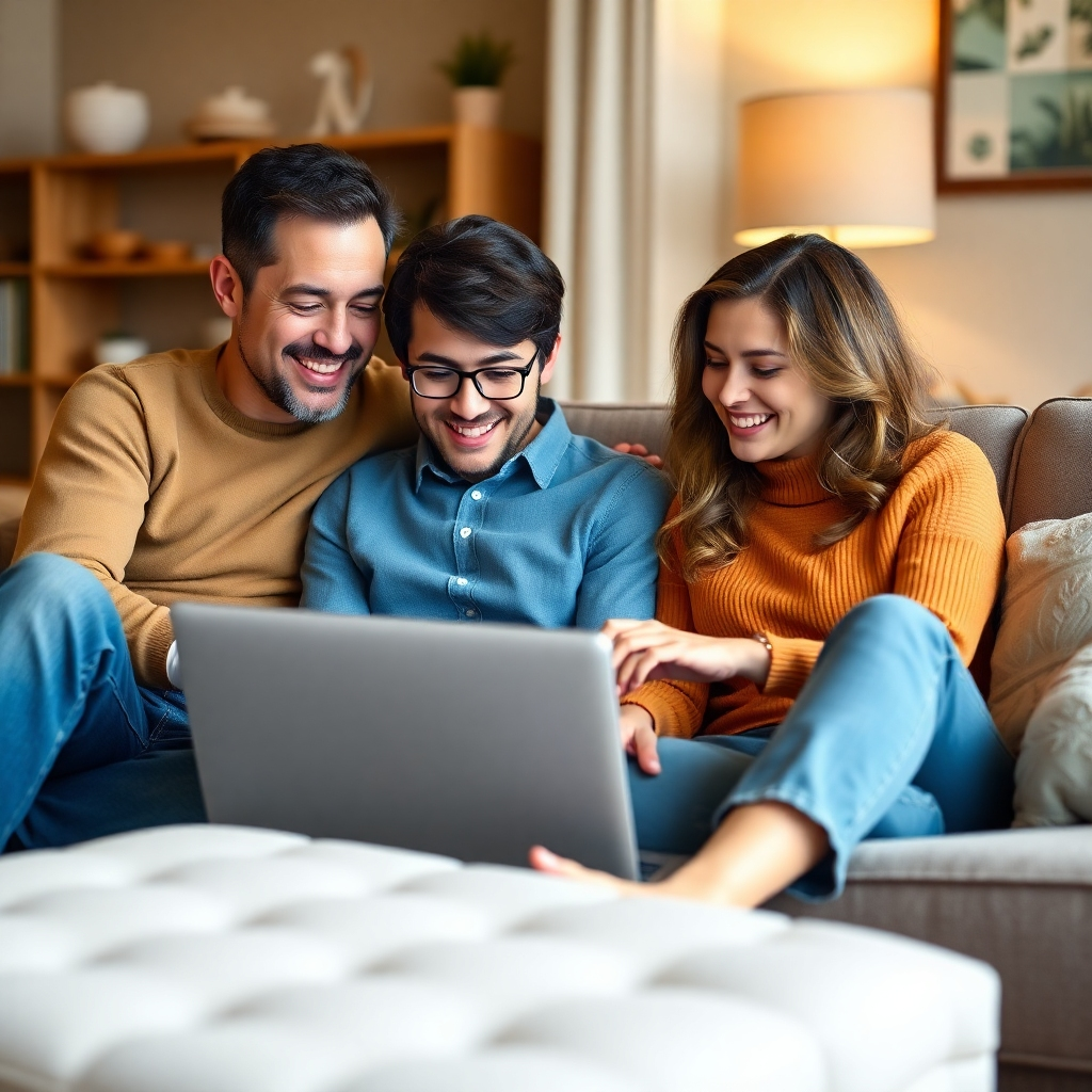 A photorealistic image of a family sitting on a couch, comfortably looking at a laptop together while smiling. The scene should be relaxed and inviting, suggesting a family working together on taxes without stress. The laptop screen should be visible, displaying a tax filing website or document, and the room should be warm and inviting.