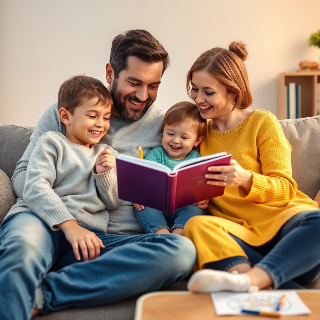 A photorealistic image of a family sitting together on a couch, reading a storybook and coloring together. The scene is warm and inviting, with soft lighting and comfortable furniture. The family members are smiling and engaging with each other, creating a sense of connection and joy. The color palette is bright and cheerful.