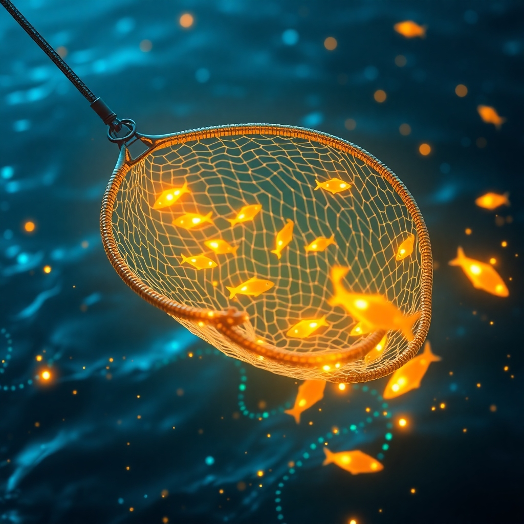 A photorealistic image of a fishing net cast into a digital ocean, with glowing leads represented as small, bright fish being caught. The net is constructed from AI circuitry, symbolizing the intelligent lead-capturing capabilities. The color palette is vibrant and dynamic, with blues, greens, and oranges representing the abundance of opportunities. Style Reference: Modern, tech-forward, with a focus on visual metaphors. Technical Specs: 4K, photorealistic.