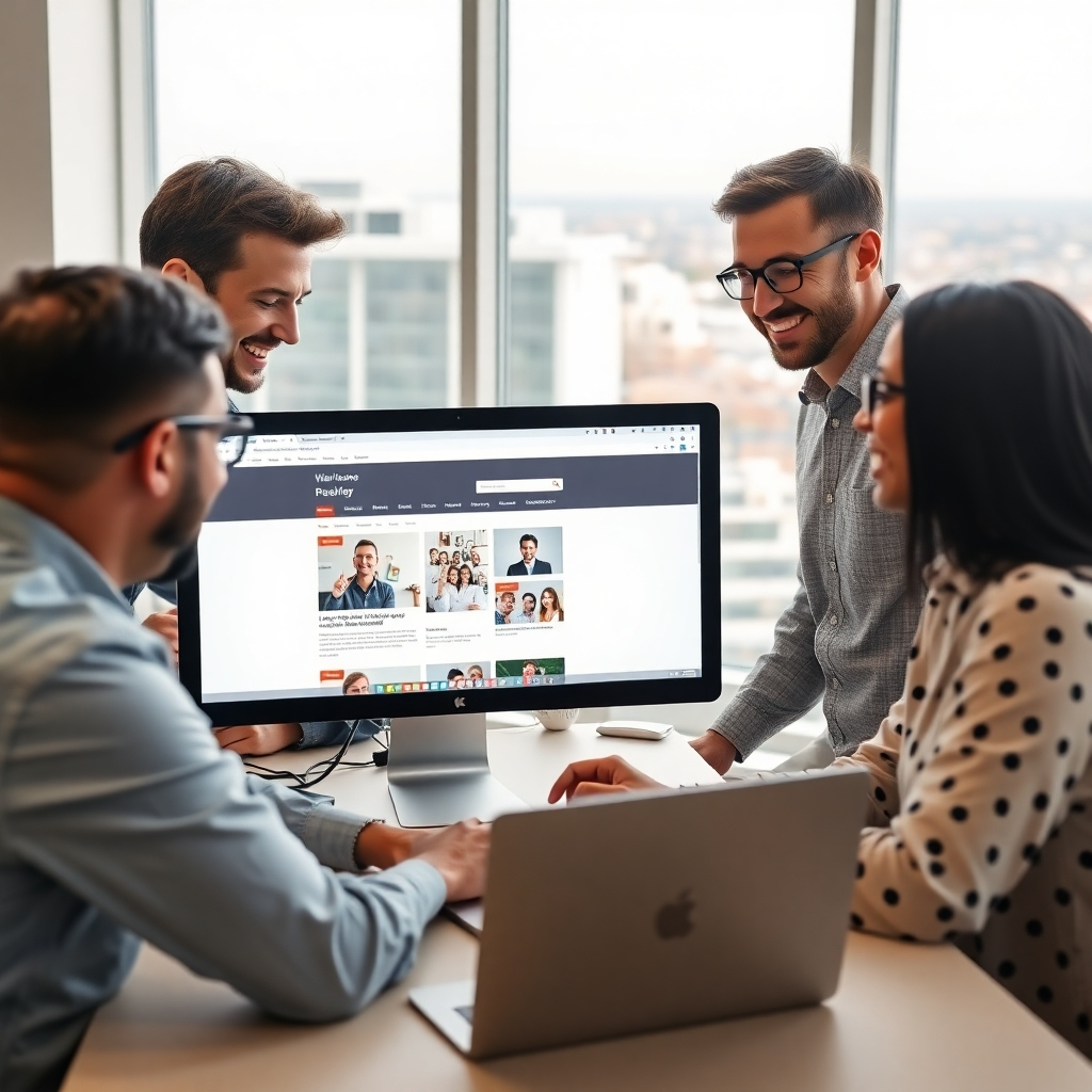 A photorealistic image of a friendly, diverse team of web designers collaborating in a modern, bright office.  They are smiling and working on a computer screen showing a website mockup.  The Alba Golden, TX area is visible through the large window in the background