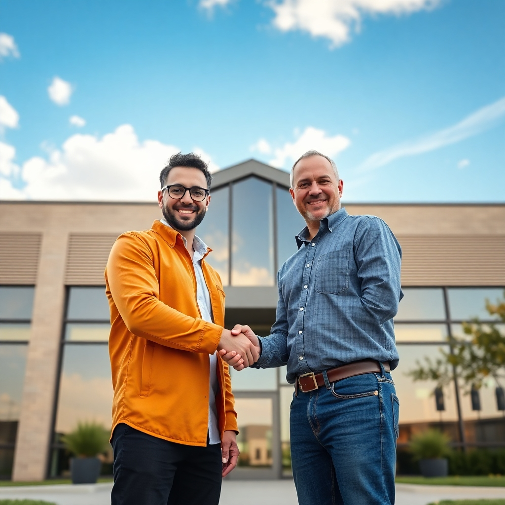 A photorealistic image of a friendly web designer shaking hands with a happy Centerville, Texas business owner in front of a modern, inviting office building. The sky is bright and sunny. The image should evoke trust and collaboration.
