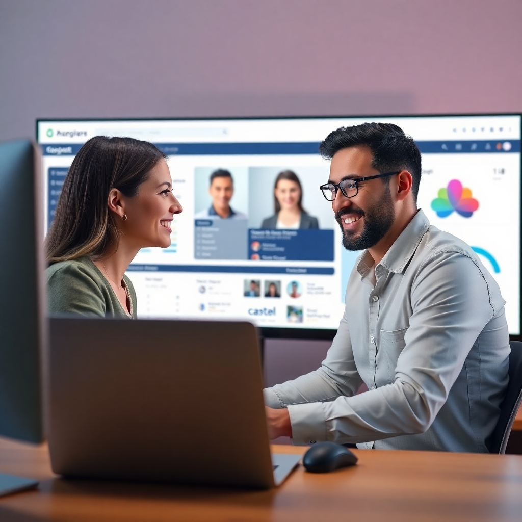 A photorealistic image of a friendly web designer remotely assisting a client via video call. The background displays a clean and efficient website dashboard. The scene should project professionalism and reassurance, focusing on the supportive relationship.