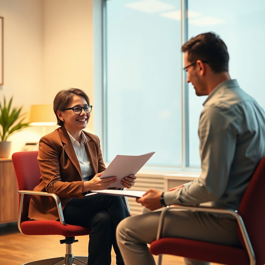 A photorealistic image of a friendly, professional tax advisor sitting across from a client in a warmly lit office, attentively listening and gesturing while looking at documents together. The office is modern and clean, creating a calm and reassuring atmosphere. The image should convey trust, empathy, and personalized attention.