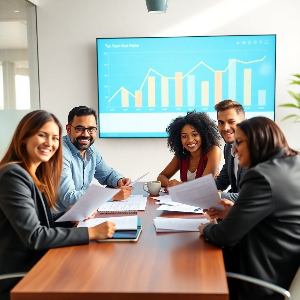 A photorealistic image of a friendly, diverse group of tax professionals sitting around a table, reviewing financial documents and smiling. The office setting should be modern and inviting, with natural light streaming in.  A large screen displaying a tax-related graph is visible in the background.