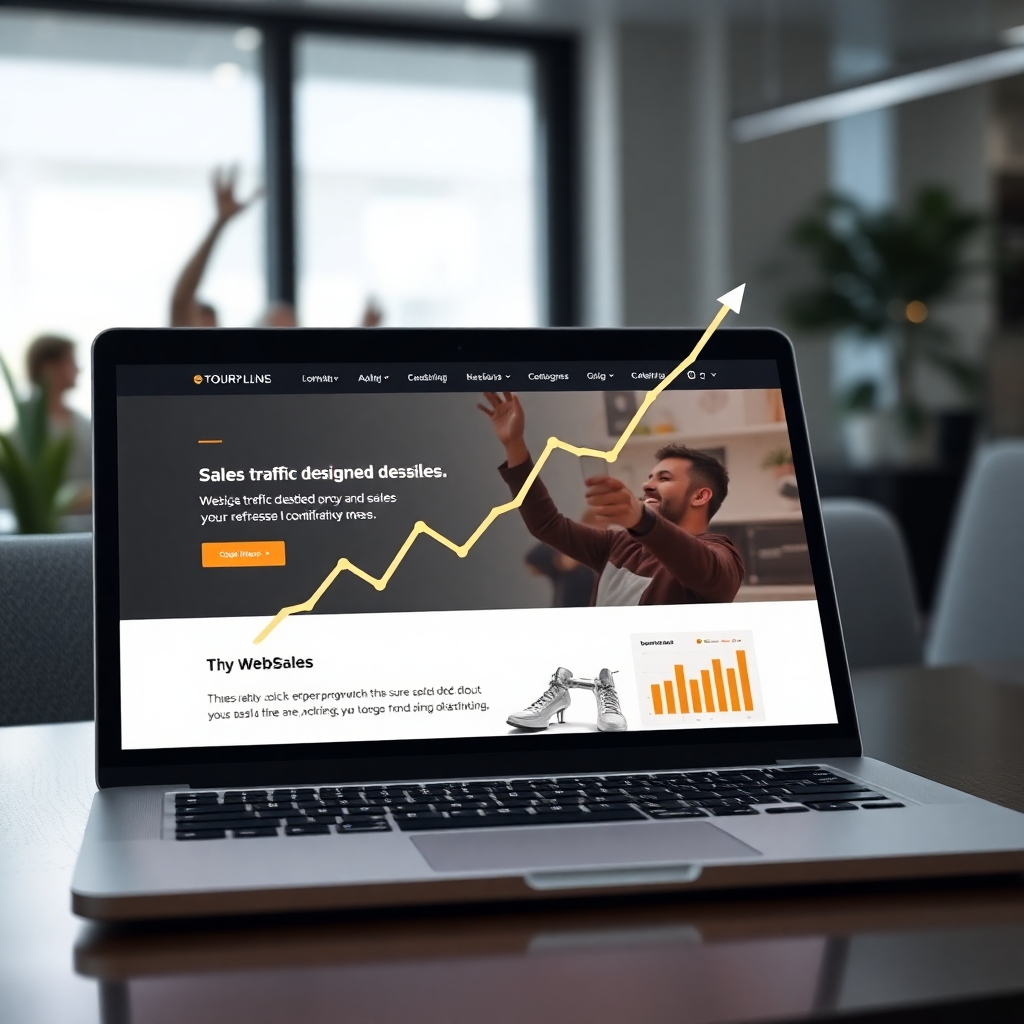 A photorealistic image of a graph showing upward trending website traffic and sales, overlaid on a laptop displaying a beautifully designed website. The background should subtly show a celebratory office scene.