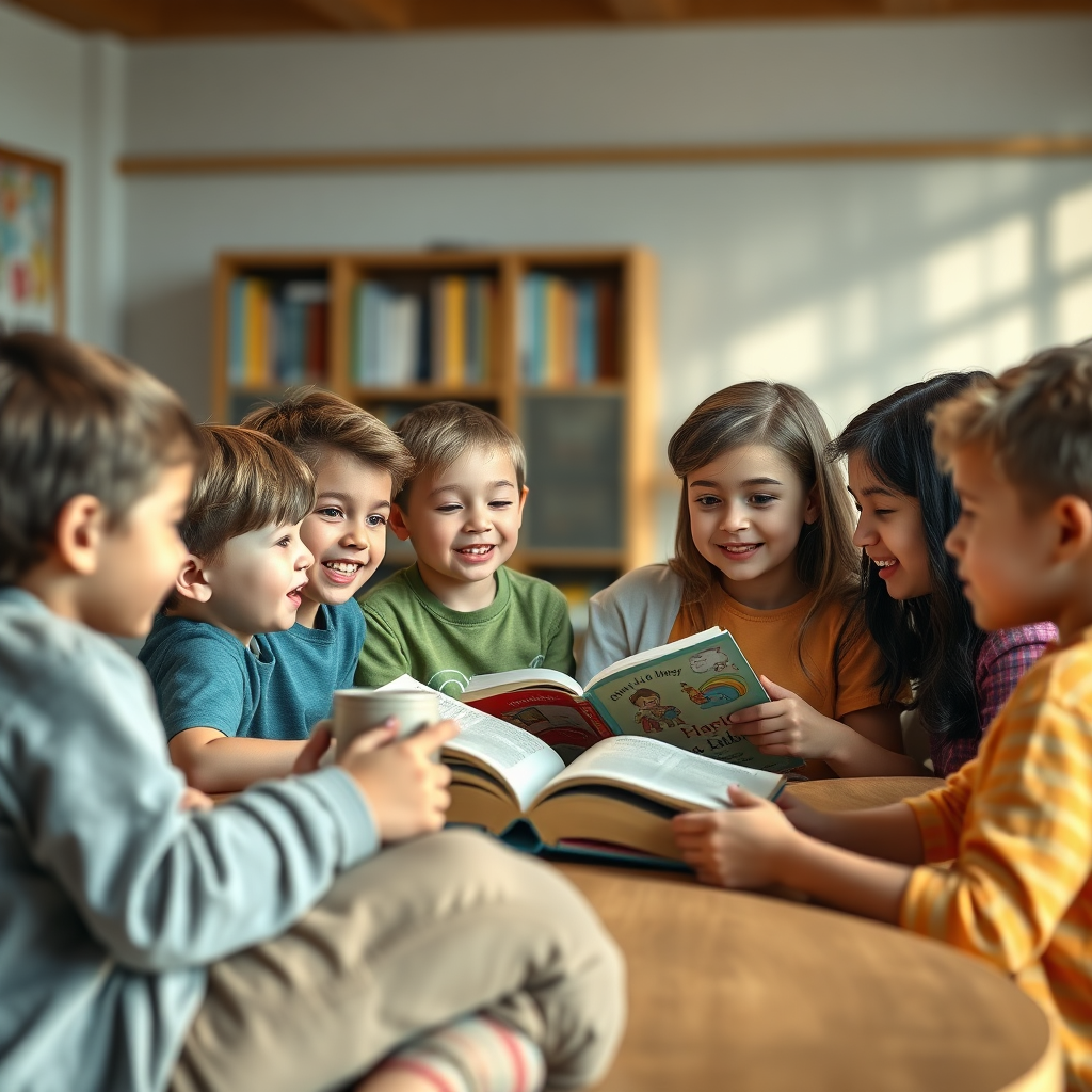 A photorealistic image of a group of children participating in a book club discussion. The children are engaged and enthusiastic. The scene is well-lit and supportive, fostering a sense of community. 4k resolution.