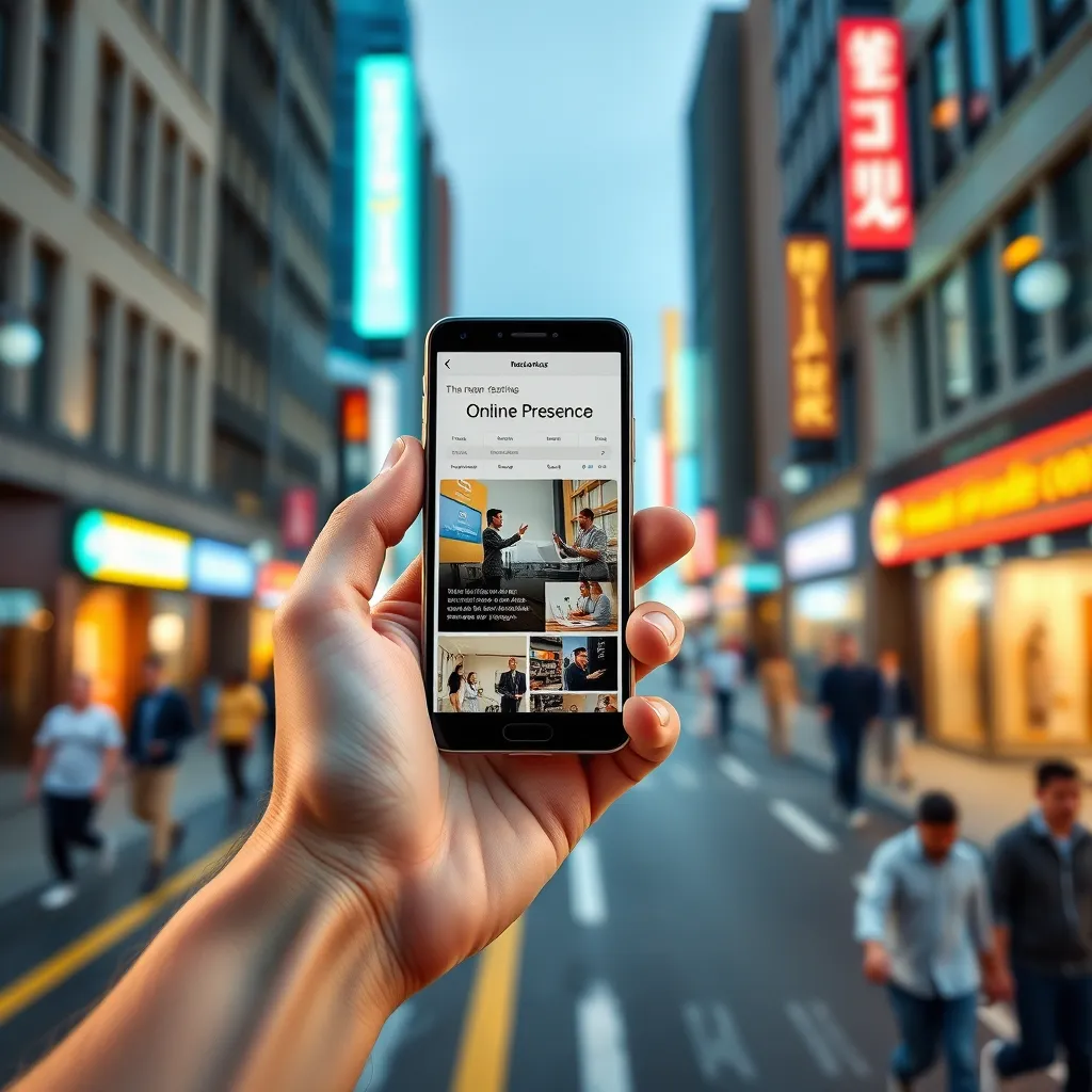 A photorealistic image of a hand holding a smartphone with a website displayed on the screen. The background should be a bustling city street, representing the reach and potential of an online presence. The image should be bright and inviting, emphasizing the value proposition of the service.