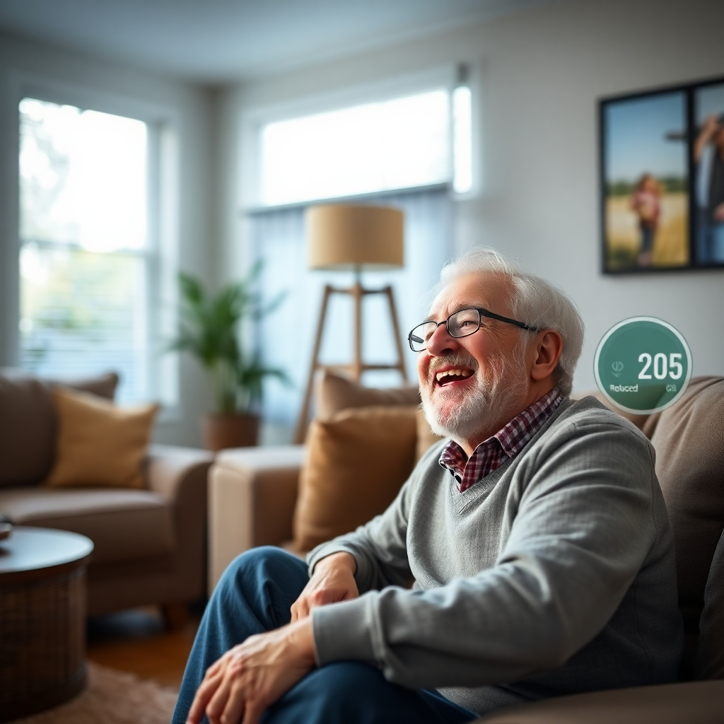 A photorealistic image of a happy homeowner enjoying the cool air inside their Cedar Park home, sitting next to a display showing reduced energy consumption. The environment should be a comfortable, inviting living room. The lighting should be soft and natural. The camera angle should capture the homeowner's joyful expression.