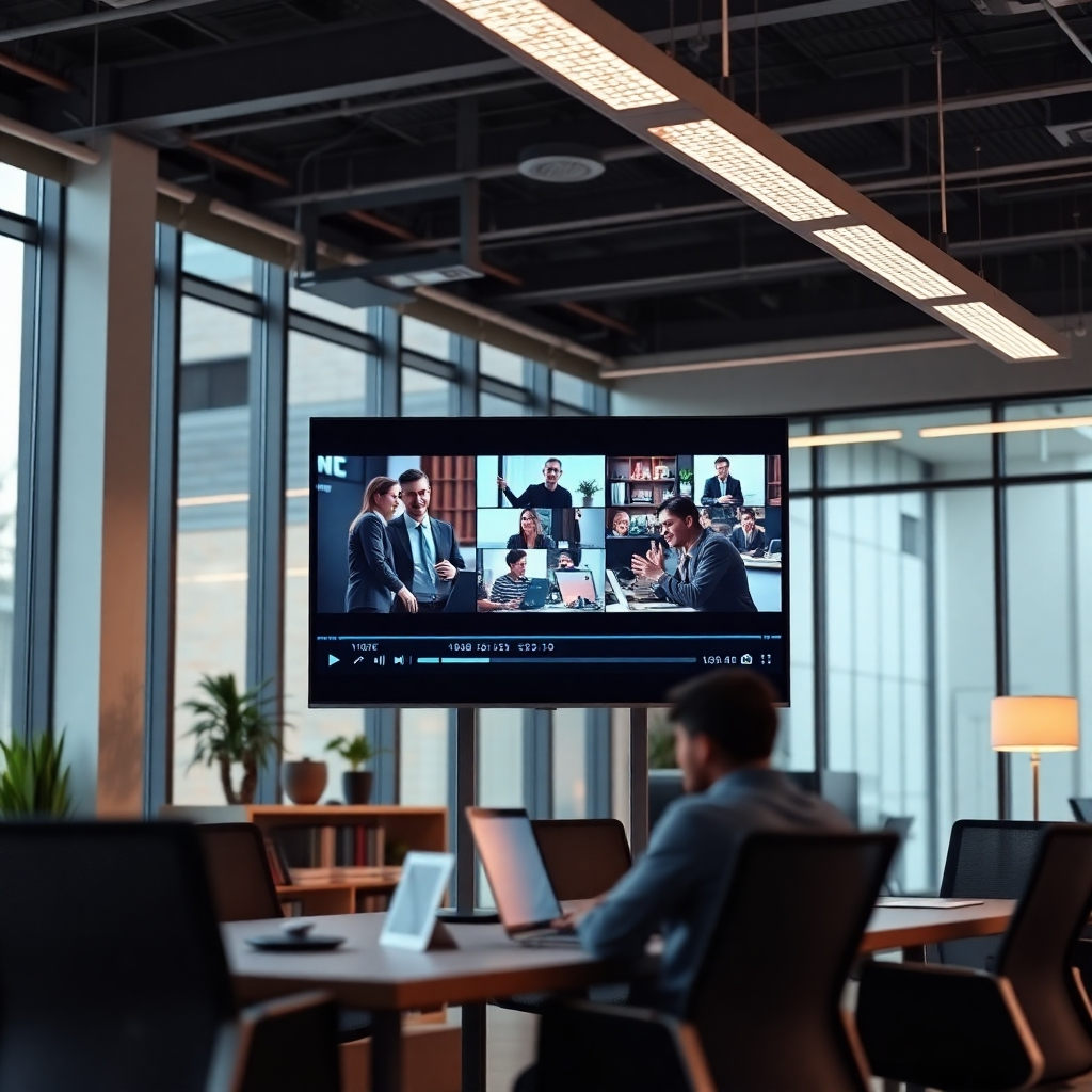 A photorealistic image of a high-quality video playing on a large monitor in a modern office setting. The video content should showcase dynamic visuals, such as product shots and customer testimonials, with professional editing and high-resolution footage. The office setting should suggest a professional and creative environment.