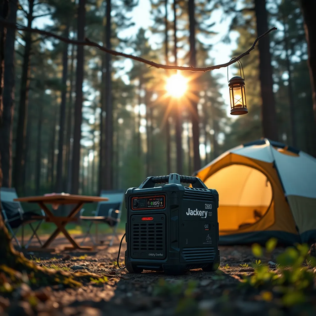 A photorealistic image of a Jackery Solar Generator 2000 Plus Kit powering a camping setup in a scenic forest setting. The sun shines through the trees, casting a warm, natural light on the scene. The generator is positioned next to a tent, with a camp table and chairs nearby. A small LED lantern hangs from a nearby tree branch, casting a soft glow. The image should capture the serenity and convenience of using the generator while camping. The scene should have a deep depth of field, with the generator in focus and the surrounding environment blurred slightly. The image should be rendered in 8K resolution, with vibrant colors and ultra-realistic details.