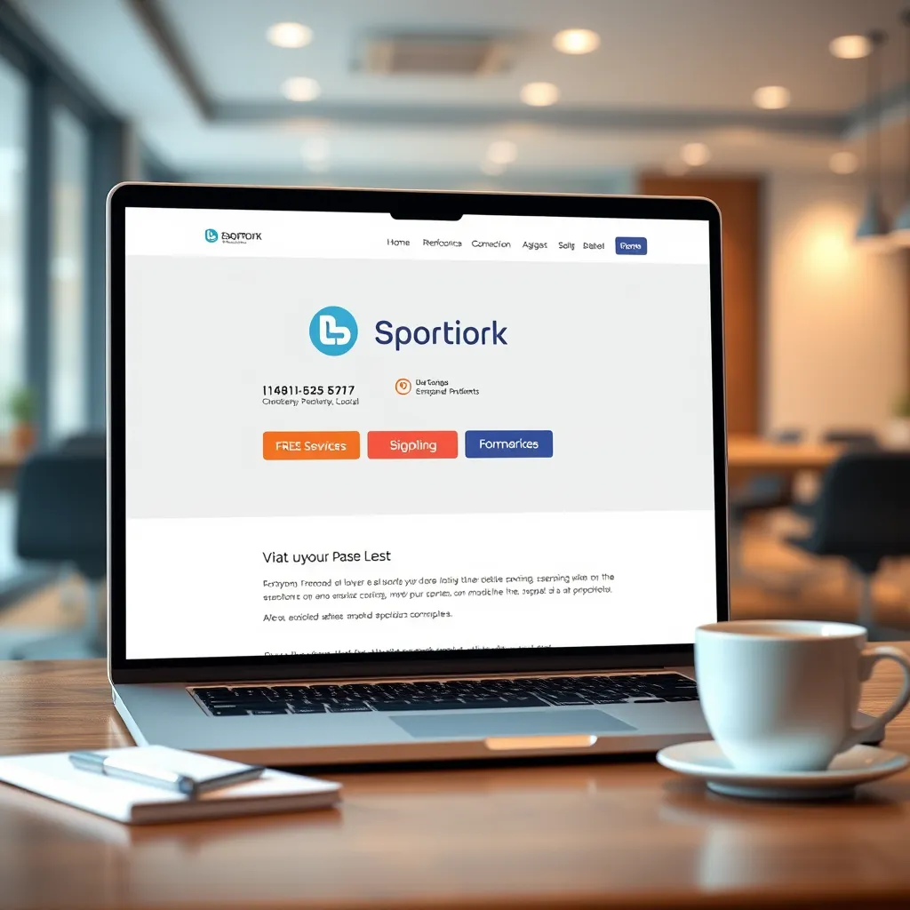 A photorealistic image of a laptop screen displaying a clean, modern website with a company logo, contact information, and a brief description of their services. The background is a blurred image of a modern office with soft diffused lighting. The laptop is positioned on a sleek wooden desk with a cup of coffee and a notepad. The image has a professional and inviting feel, emphasizing simplicity and clarity. Render in ultra-high detail with realistic textures and materials.
