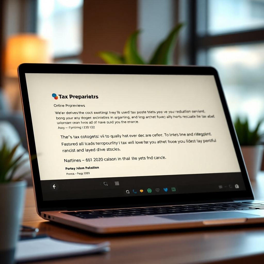 A photorealistic image of a laptop displaying positive online reviews and testimonials about a tax preparation service. The reviews should highlight aspects like professionalism, accuracy, and helpfulness. The background should be slightly blurred but show a modern, comfortable workspace, possibly with some plants or soft lighting to convey a positive and trustworthy environment.