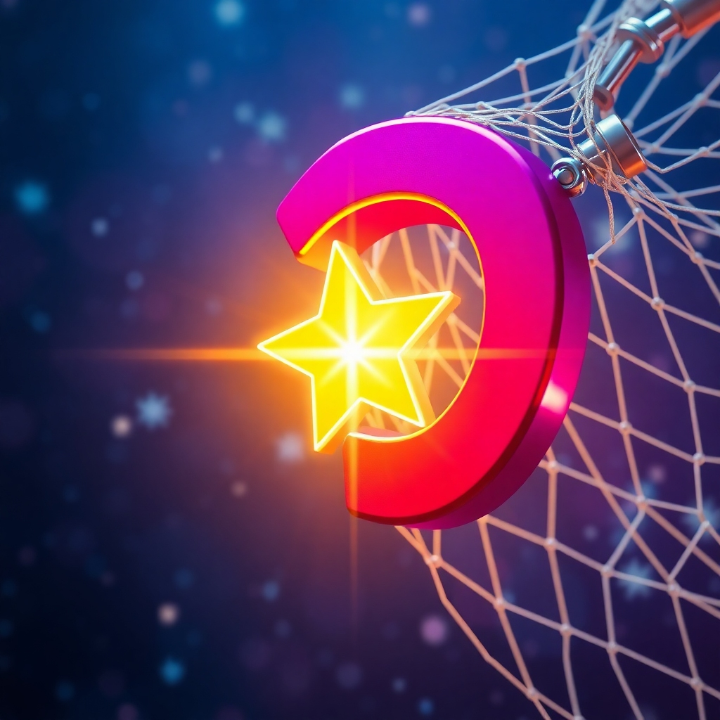 A photorealistic image of a lead magnet, visualized as a shining star, being captured by an AI voice agent represented as a futuristic net. The background is a galaxy of potential customers. The image should convey a sense of opportunity and precision. Use a color palette of blues, purples, and golds. Technical specs: 4K resolution, HDR rendering.