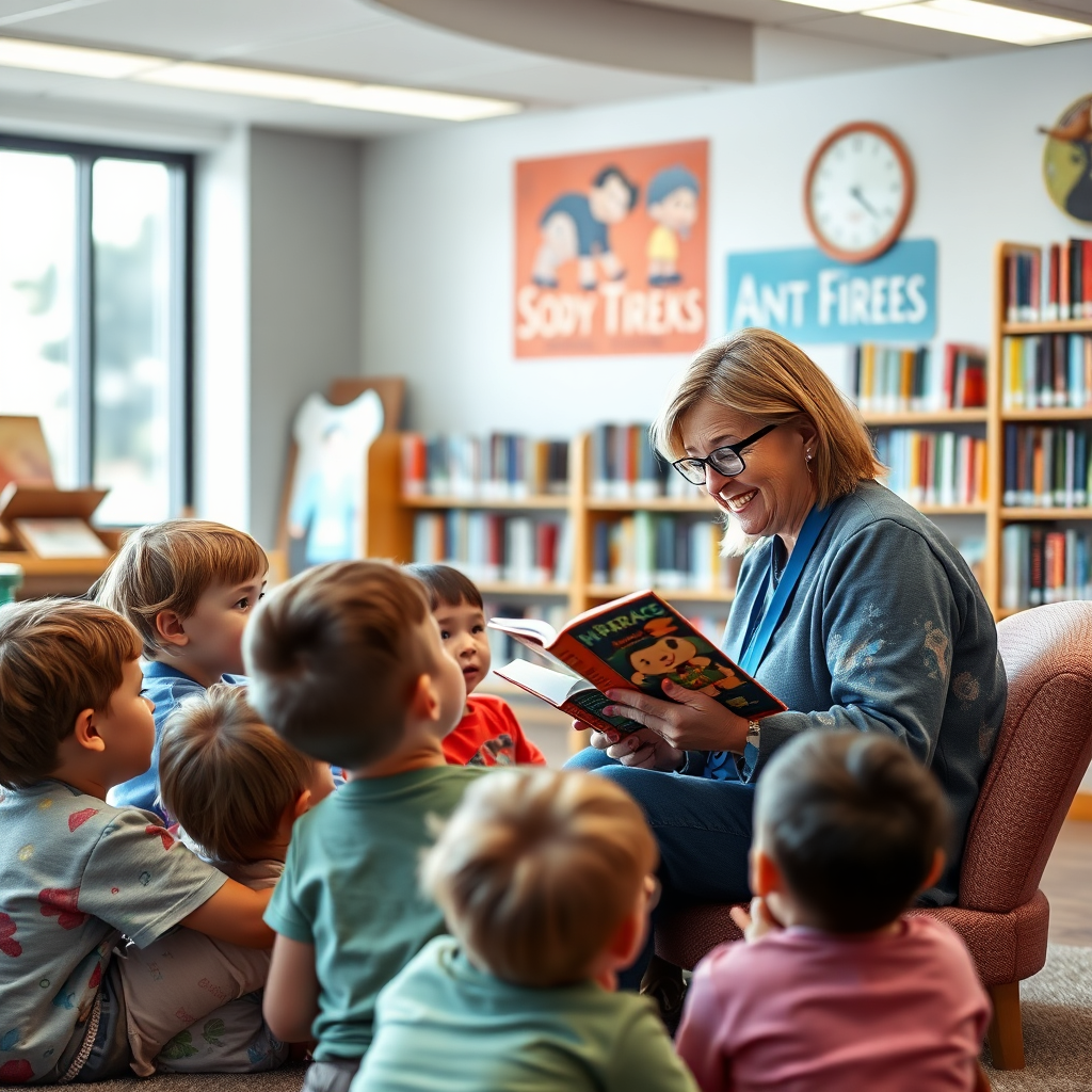A photorealistic image of a librarian reading to a group of children during story time at a local library. The children are engaged and attentive. The scene is well-lit and cheerful. Capture the joy of reading and the connection between the librarian and the children. 4k resolution.