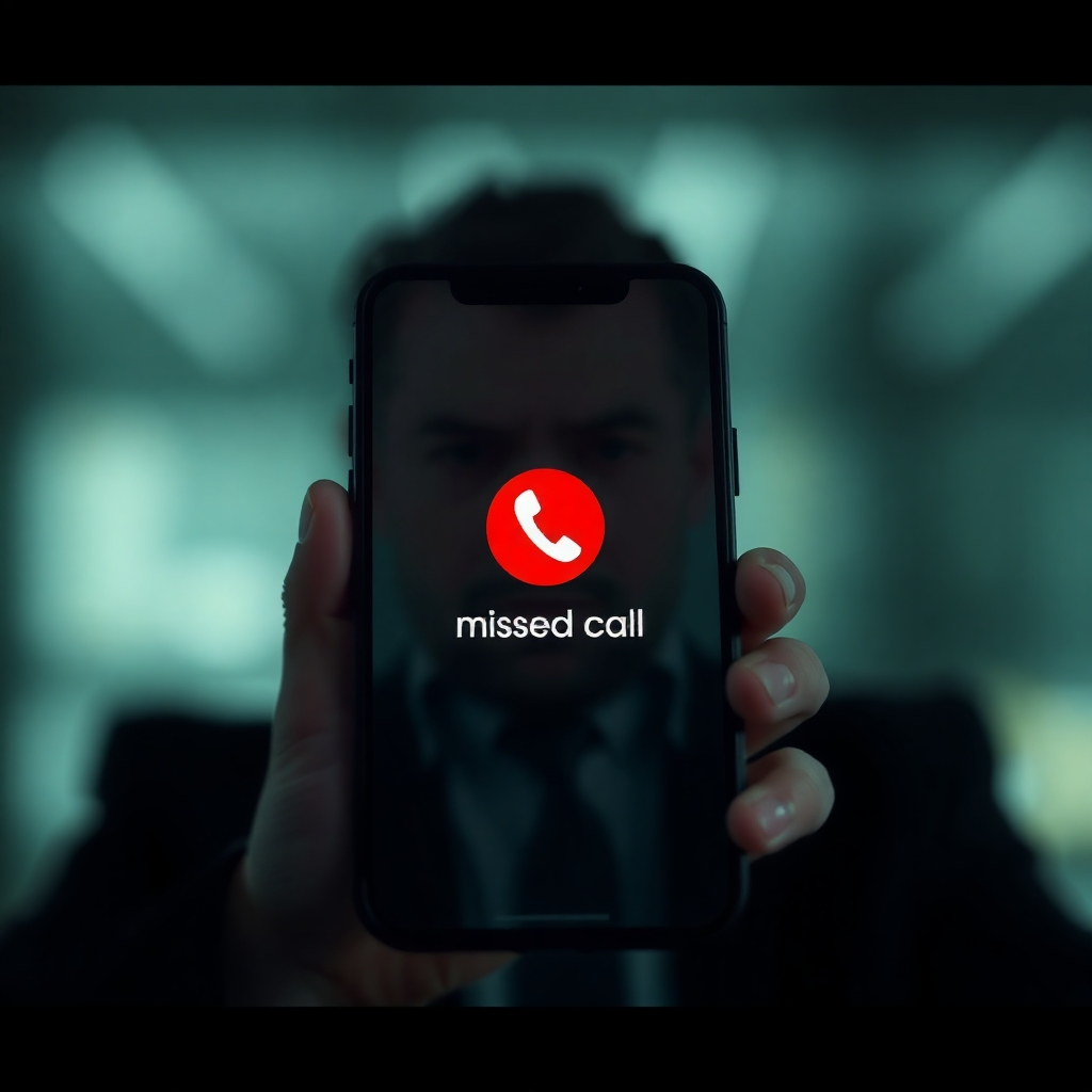 A photorealistic image of a missed call notification on a smartphone, fading into a blurred background of a frustrated business owner. The image should emphasize the negative impact of missed calls with a sense of urgency and disappointment. A dark, desaturated color palette will highlight the loss. Focus on the red missed call icon. Technical specs: 4K resolution, shallow depth of field.