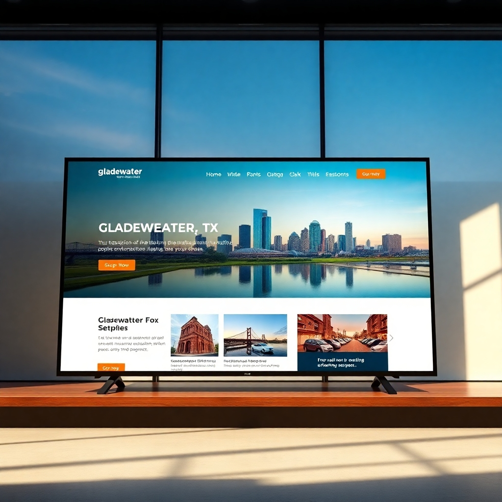 A photorealistic image of a modern, responsive website design on a large screen, showcasing clean aesthetics and intuitive navigation. The background should subtly feature the Gladewater, TX skyline. The overall style should convey professionalism and user-friendliness.
