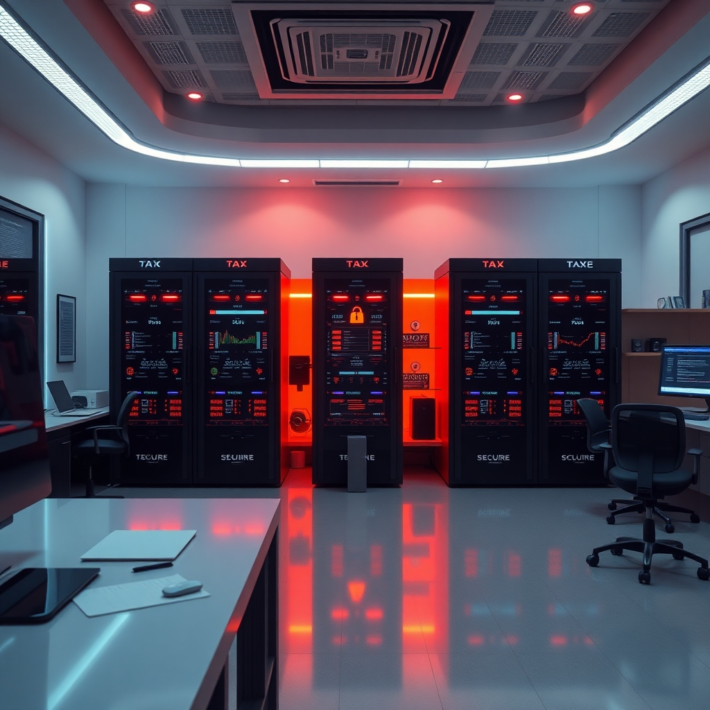 A photorealistic image of a modern, technologically advanced tax office, showcasing secure servers and advanced software, with a focus on data protection and encryption, subtly emphasizing client confidentiality.