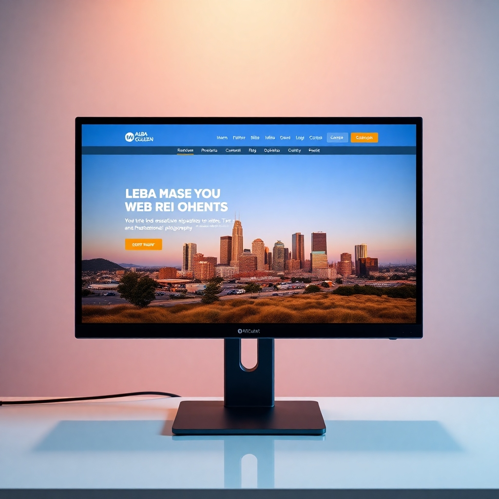 A photorealistic image of a modern, responsive website design on a high-resolution monitor, showcasing clean lines, intuitive navigation, and professional photography.  The background should subtly feature the Alba Golden, TX skyline.