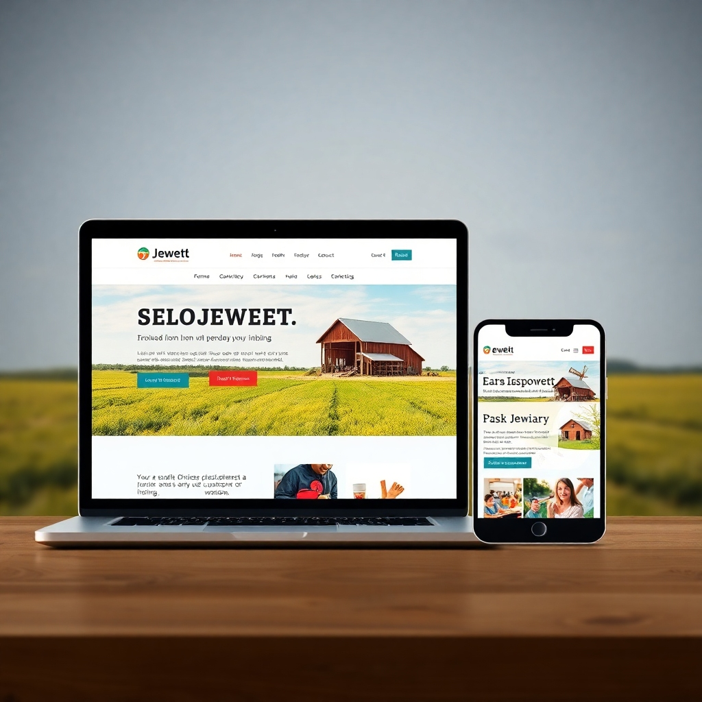 A photorealistic image of a modern, responsive website design showcasing a Jewett, Texas business.  The website should feature high-quality images of local products or services, clean typography, and a user-friendly interface.  The background should subtly incorporate imagery representative of Jewett, Texas, perhaps a rural landscape or a local landmark. The overall aesthetic should be professional, clean, and inviting.