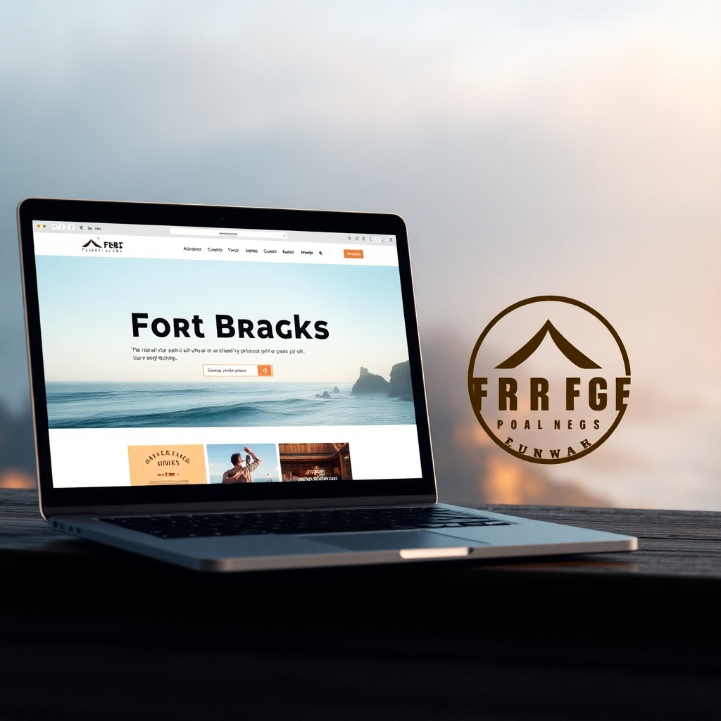 A photorealistic image of a modern, clean website design displayed on a laptop, alongside a sleek, professionally designed logo for a fictional Fort Bragg business (e.g., a surf shop or a local cafe). The background should feature the iconic Fort Bragg coastline and some subtle fog.