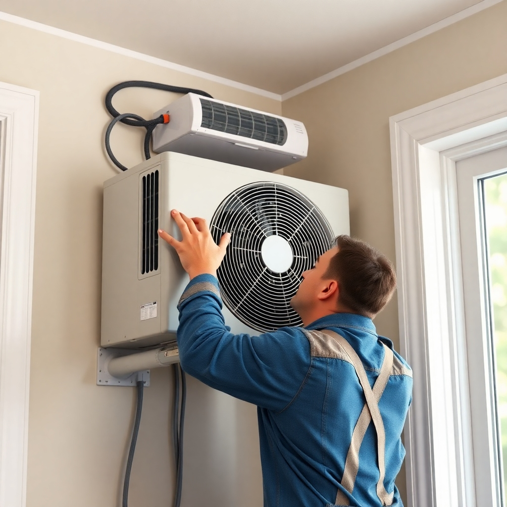 A photorealistic image of a new AC unit being expertly installed in a home.  Focus on showcasing clean work and professional installation techniques.  4k resolution, emphasis on accurate details and clear lighting.  