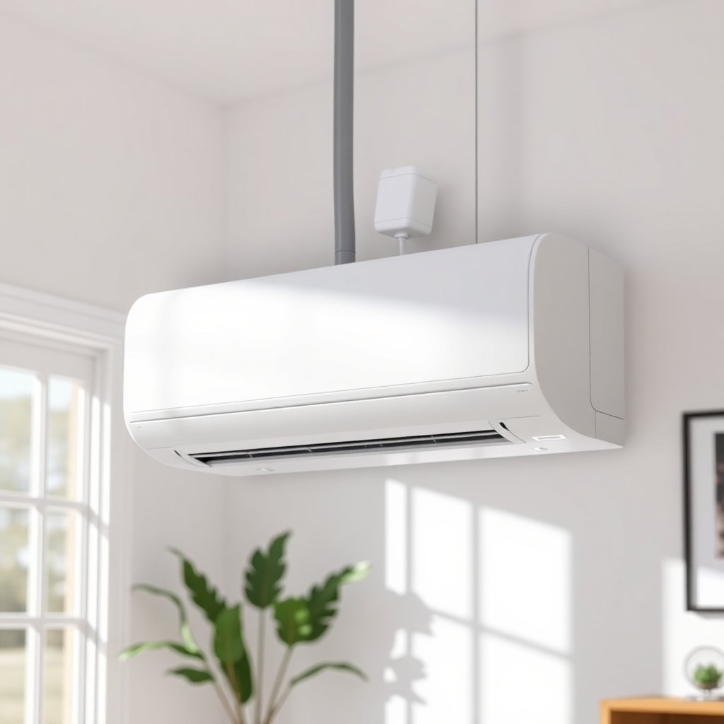 A photorealistic image of a newly installed, modern AC unit in a home setting. The style is modern, clean, and appealing to a homeowner. Use natural light to make the AC unit pop. The background is a clean and modern-styled home.