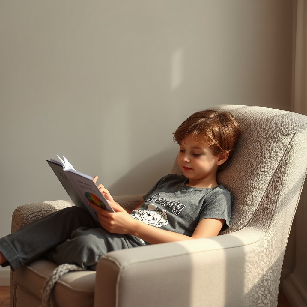 A photorealistic image of a person relaxing in a comfortable chair, reading a storybook and gently coloring a page. Soft, diffused lighting creates a peaceful and serene atmosphere. The color palette is calming and relaxing, with muted tones and pastel hues.