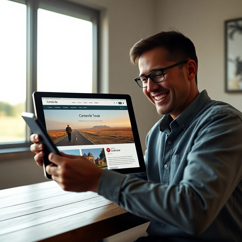 A photorealistic image of a person smiling and easily navigating a clean, modern website on a tablet. The website should feature high-quality images and clear calls to action.  The background should subtly feature the Centerville, Texas landscape, creating a local connection.
