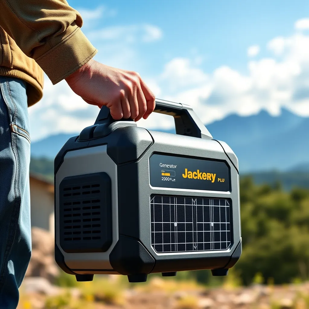 A photorealistic image of a person holding the Jackery Solar Generator 2000 Plus Kit, with its handle easily grasped, in front of a scenic outdoor backdrop. The image should convey the portability and ease of use of the generator.