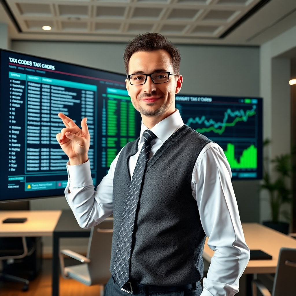 A photorealistic image of a professional, dressed in business attire, confidently pointing towards a large screen displaying complex tax codes and financial charts, with a modern, well-lit office in the background.