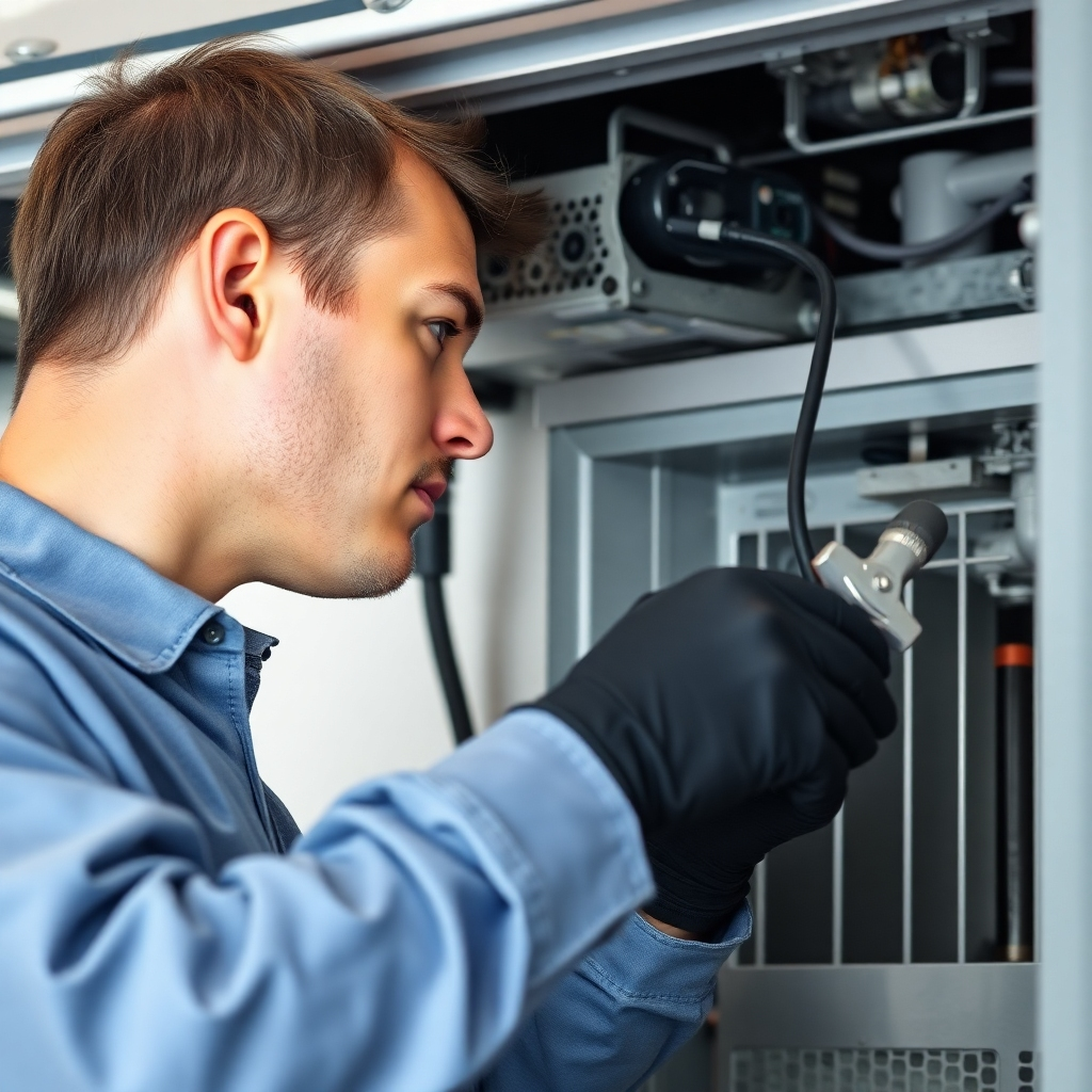 A photorealistic image of a qualified technician meticulously repairing an air conditioning unit.  The image should depict a focus on attention to detail and precision.  The tools should be modern and clean, emphasizing professionalism.  The lighting should be clear and well-defined. The background should be uncluttered to focus on the repair process.