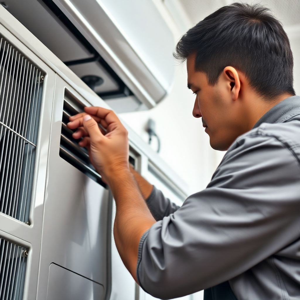 A photorealistic image of a skilled technician meticulously working on an air conditioning unit, with a focus on precision and attention to detail. The overall style should be clean, professional, and trustworthy, similar to those found in service industry advertisements. Technical specs: 4K resolution, high quality.