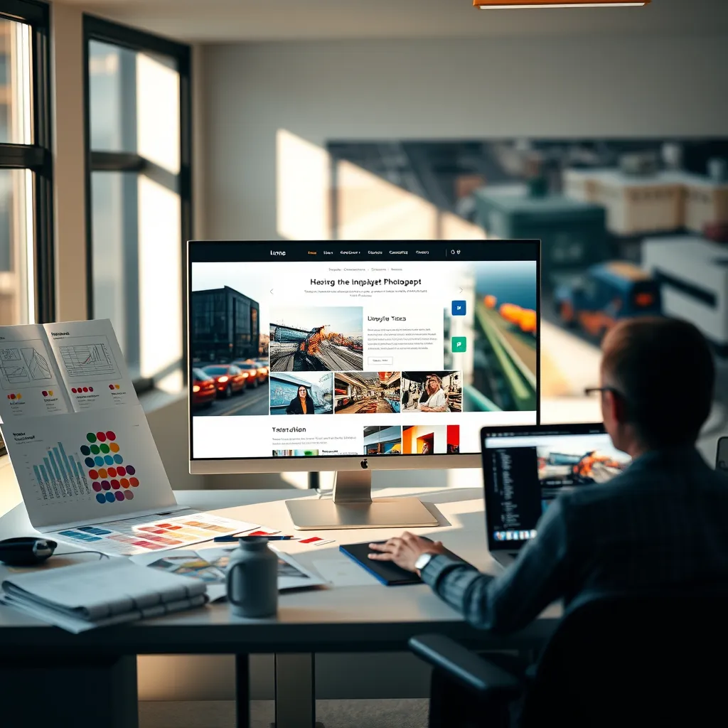 A photorealistic image of a sleek, modern website design on a large monitor, surrounded by design sketches, color palettes, and a laptop with a designer working on the site. Soft, natural lighting illuminates the scene, creating a warm and inviting atmosphere. The monitor displays a captivating homepage showcasing high-quality photography, impactful typography, and intuitive navigation. The color palette is vibrant and reflects the brand's identity. The background features a blurred image of a bustling Longview, Texas cityscape, suggesting a local focus. The image conveys creativity, professionalism, and a user-centric approach to web design.  Style reference: Apple product photography, focusing on detail and clarity. Resolution: 8K, ultra-detailed.