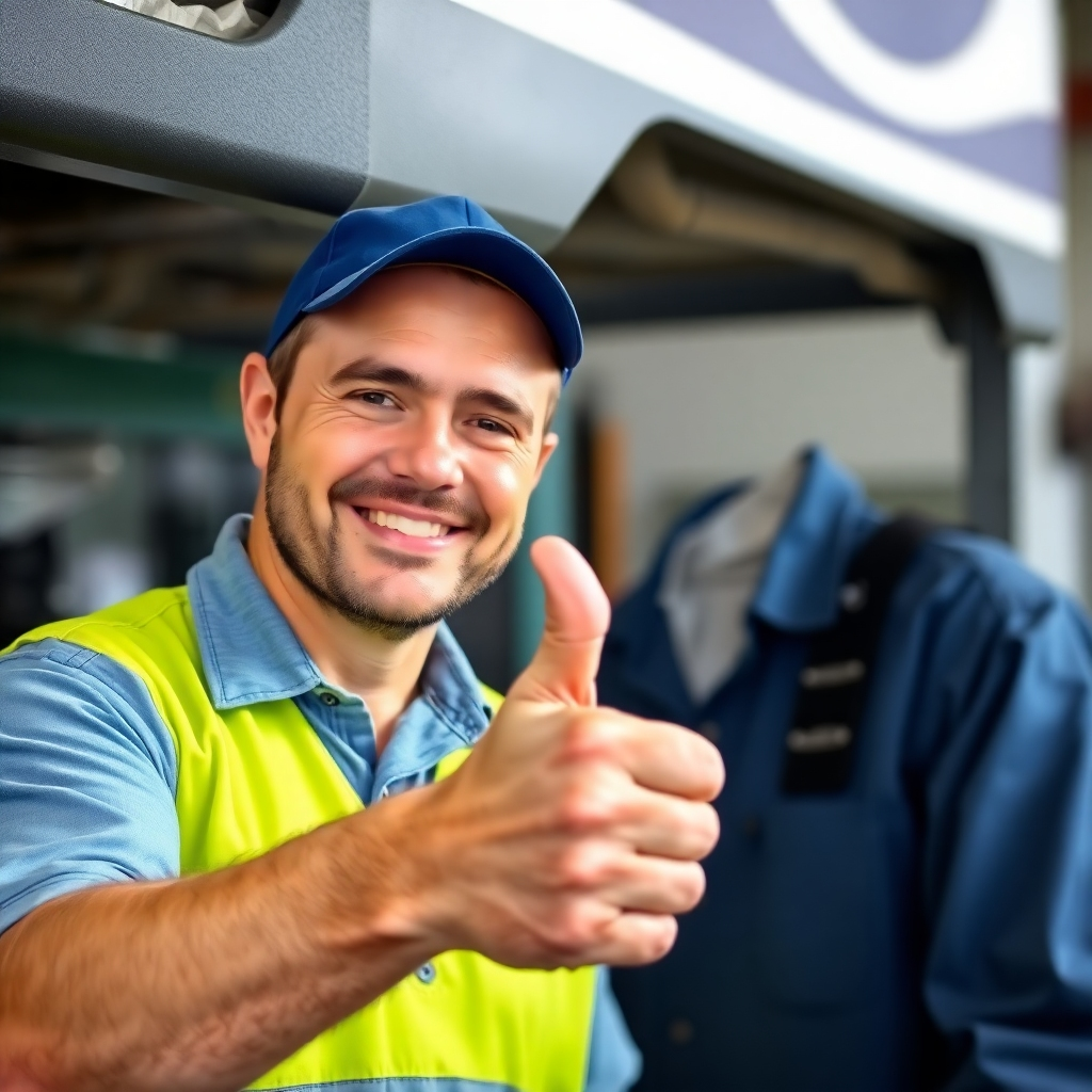 A photorealistic image of a smiling customer giving a thumbs-up to a technician.  The image should convey trust and satisfaction.